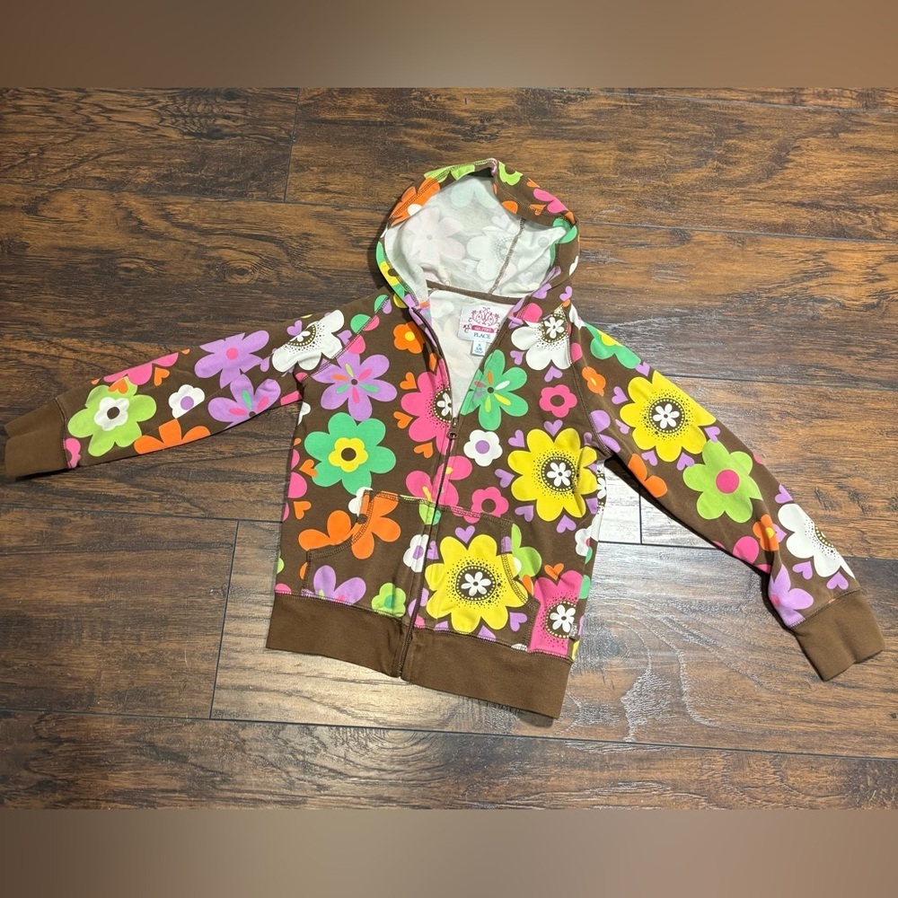 * THE CHILDREN’S PLACE Brown Floral Print Zip Front Hoodie Sweatshirt Girls 5-6
